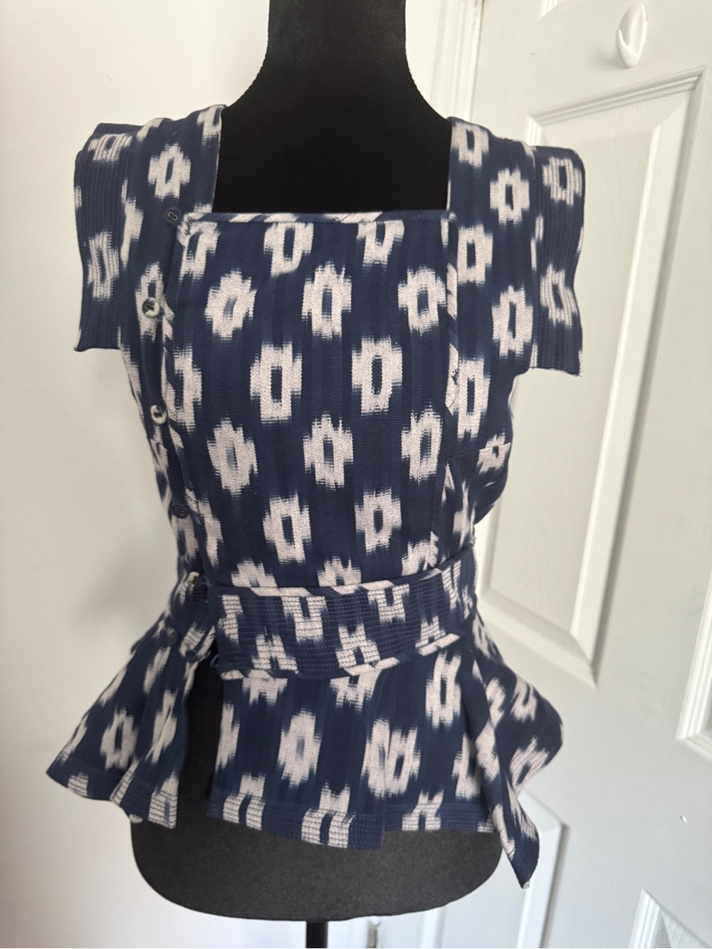 Ulla Johnson Navy and White Ikat Peplum Blouse